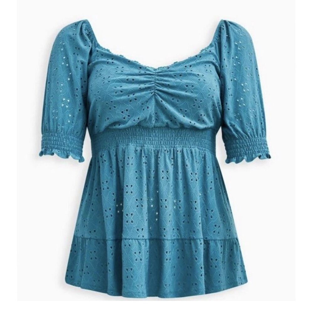 Torrid Eyelet Smocked Waist and Sleeve Sweetheart Top Size 1X Turquoise Babydoll